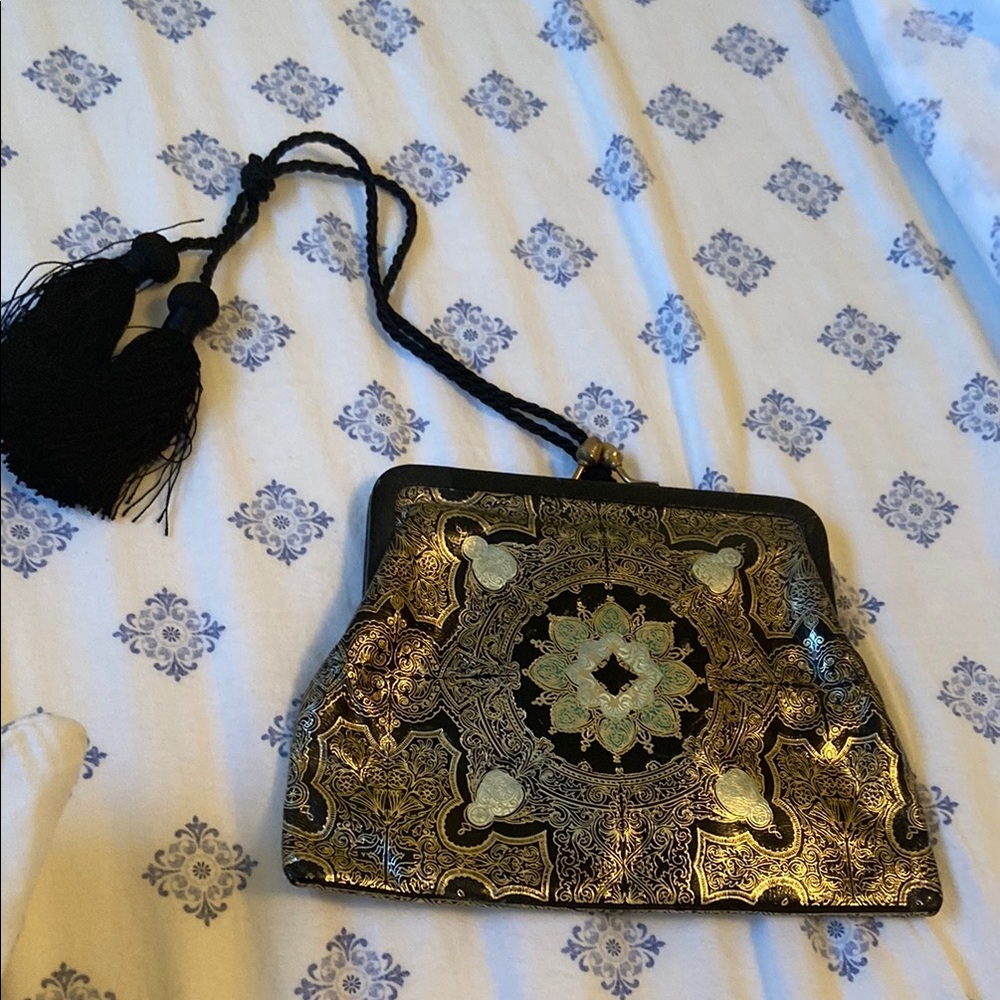 Elegant vintage  Black and Gold Clutch Bag florantine leather